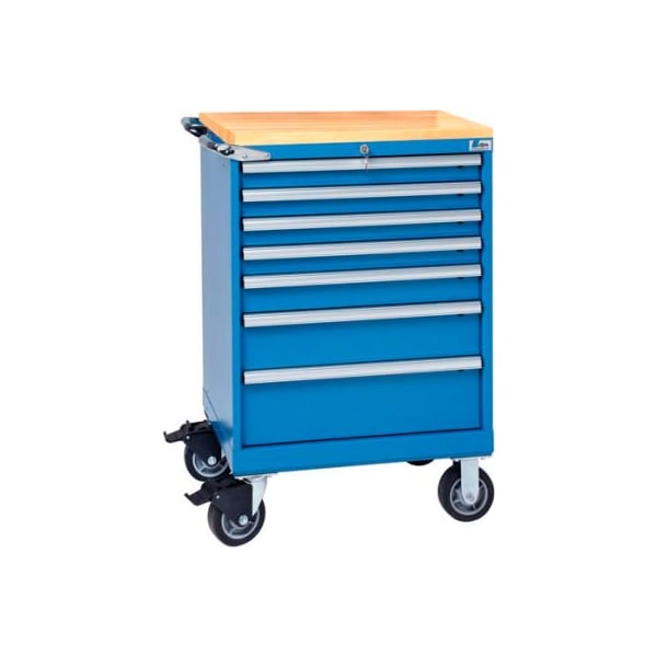 Lista International Lista 7 Drawer 24W Shallow Depth Mobile Cabinet w/Butcher Block -Bright Blue, Individual Lock XSST0750-0701M-BTBBRG - main